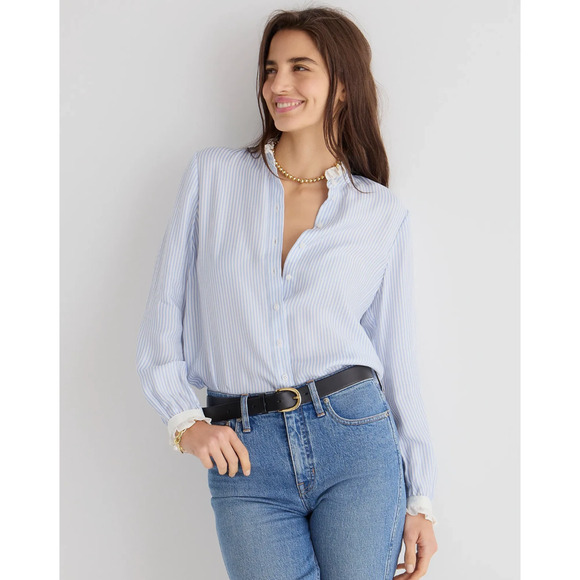 J.Crew Womens Top Medium Blue Stripes Drapey Cupro Blend Ruffle Trim Office Prep - Picture 1 of 9